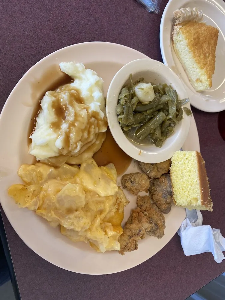 Fried Chicken Mashed Potatoes and Gravy Macaroni and Cheese Fried Cornbread